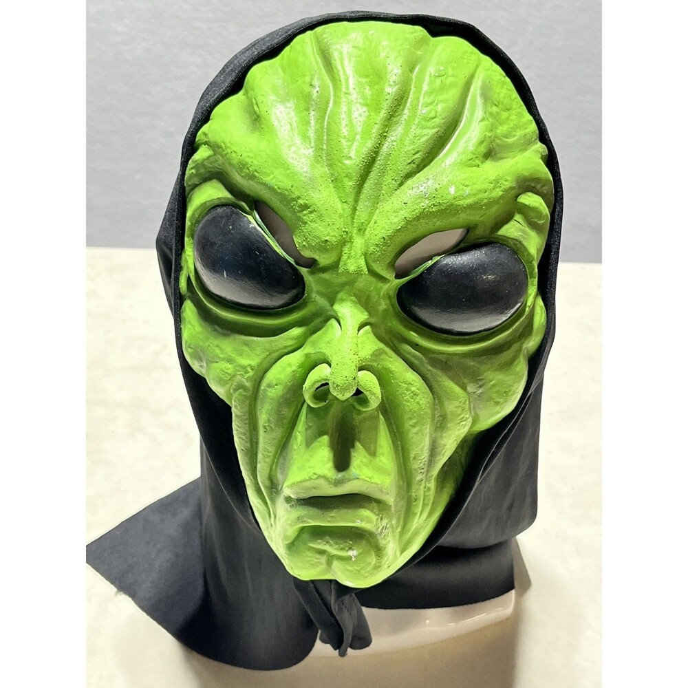 adult full-head latex/rubber alien mask with an attached black fabric hood